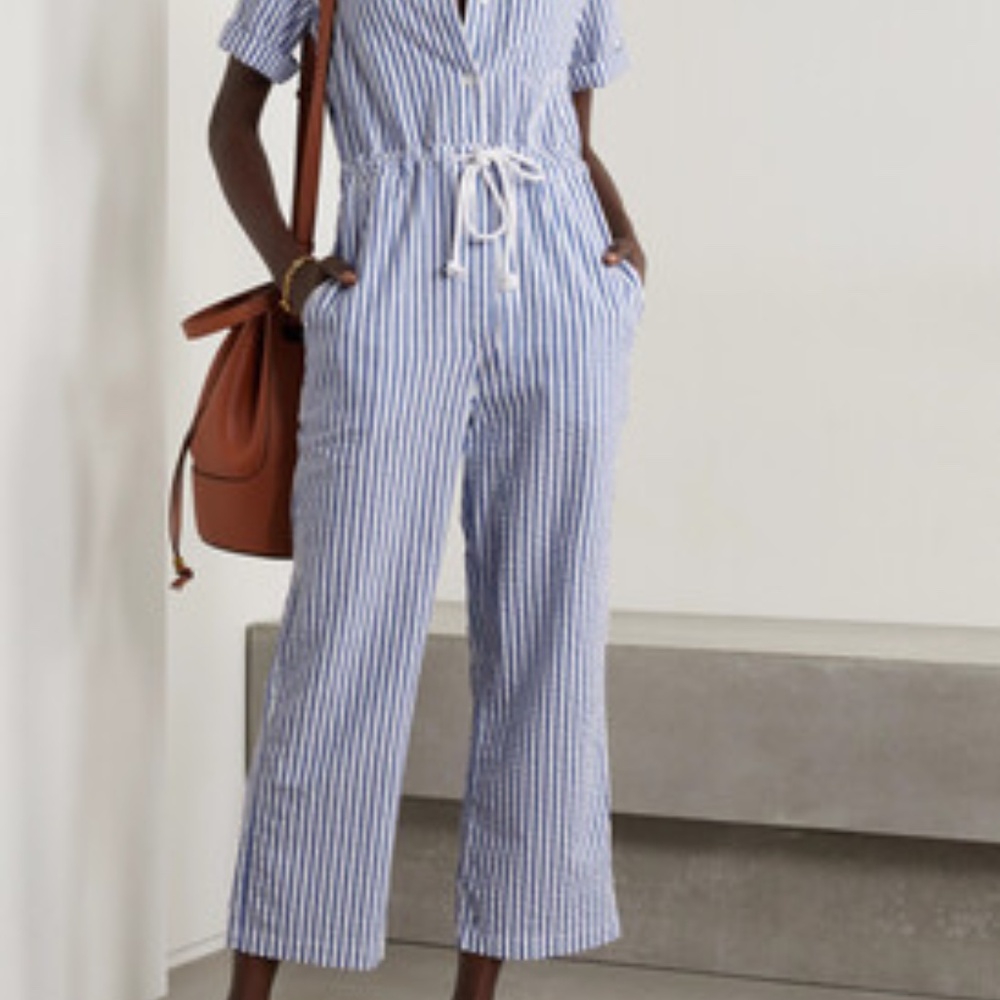 Alex Mill Benny Striped Cotton-seersucker Jumpsuit In Blue/ White, size M